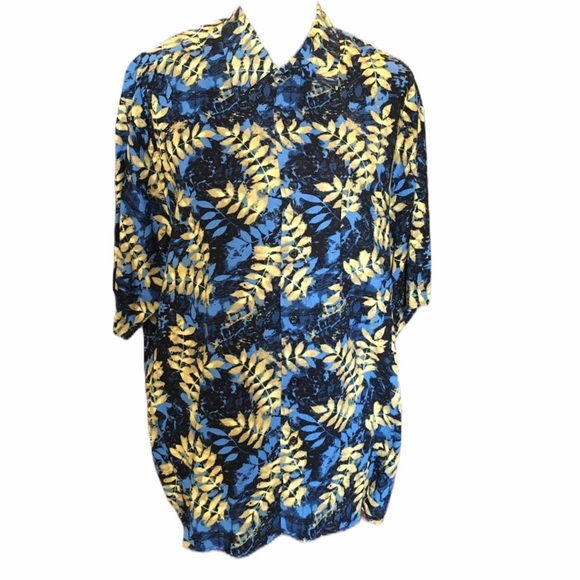 Untied Other - Untied Leaves Button Down Shirt Blue, Size XLarge